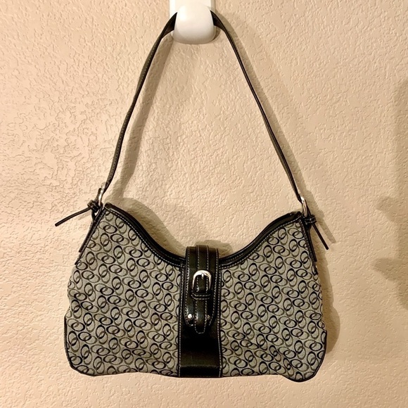 SALE! Like New Shoulder Bag Grey Canvas Black Vegan Leather Trim Circular Silver - Picture 1 of 16
